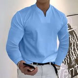 Male Fashion Casual Solid Color V-neck Long Sleeve Shirts-Light Blue-5