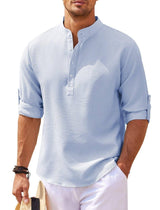 Men's Casual Shirt Long Sleeve Stand Collar Solid Color-Blue-7