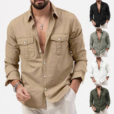 Men's Shirt Multi-pocket Solid Color Casual Long Sleeves Top Gray Green / 3XL-1