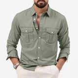 Men's Shirt Multi-pocket Solid Color Casual Long Sleeves Top Gray Green / 3XL-Gray Green-5