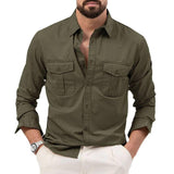 Men's Shirt Multi-pocket Solid Color Casual Long Sleeves Top Gray Green / 3XL-7