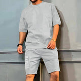 Men's Sports Suits Summer Round Neck Short-sleeved Top And Khaki / 3XL-Light Grey-2