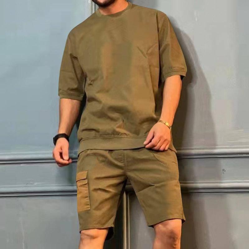 Men's Sports Suits Summer Round Neck Short-sleeved Top And-Khaki-5