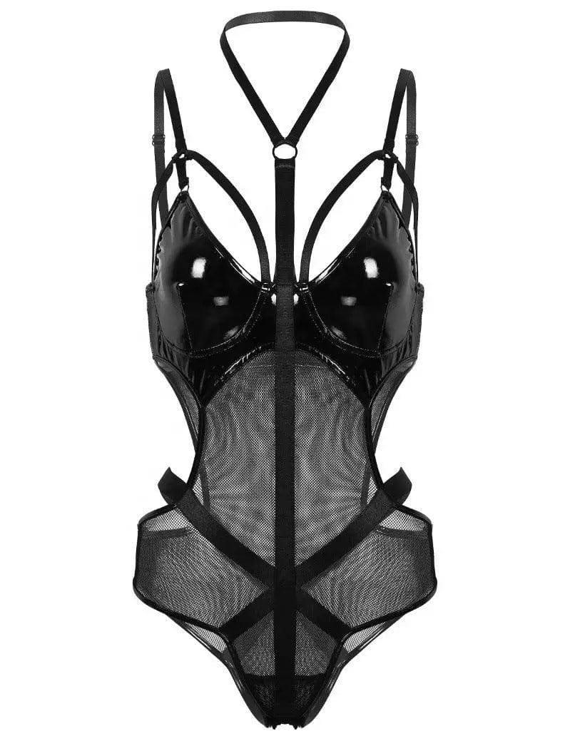 Mesh Faux Leather PU Hollow Halter One Piece Lingerie-Black-2