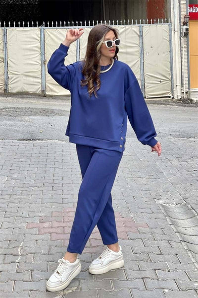 Metal Button Long Sleeve Shirt Sports Casual Ankle Banded Pants Suit-Blue-4