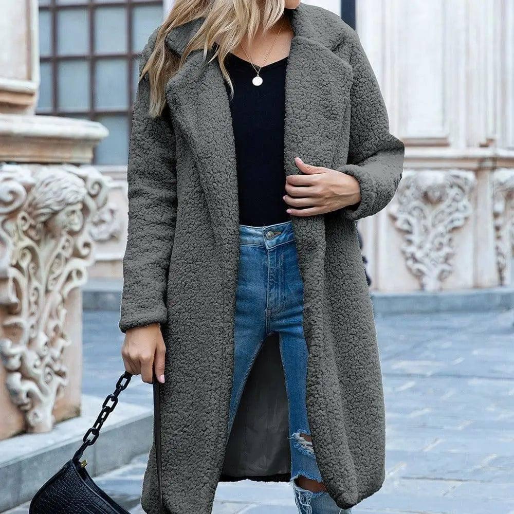 Mid Length Lapel Sweater Cardigan Sherpa Jacket-Dark grey-13