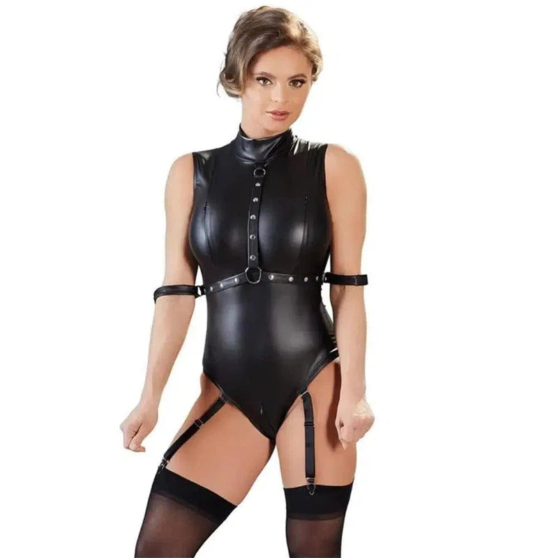 Multi-Size Black One-Piece Patent Leather Lingerie-Black-1