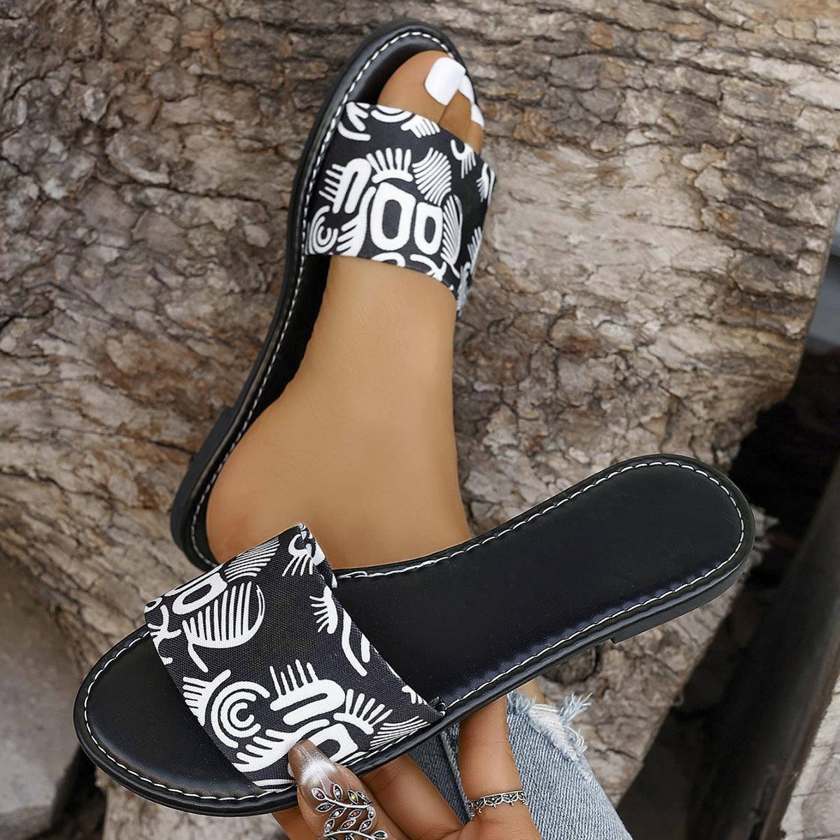 New Fashion Graffiti Print Sandals For Women Summer Round-Black White-3