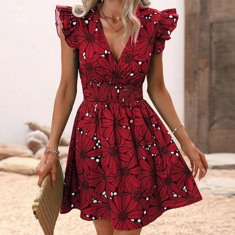 New Flowers Print Ruffled Sleeveless Dress Summer Deep-Red-6