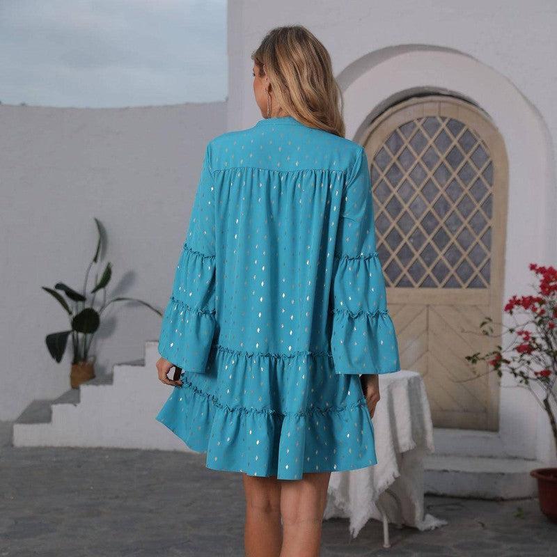 New Printed Bronzing Pleated Flared Long Sleeve Dress Summer-2