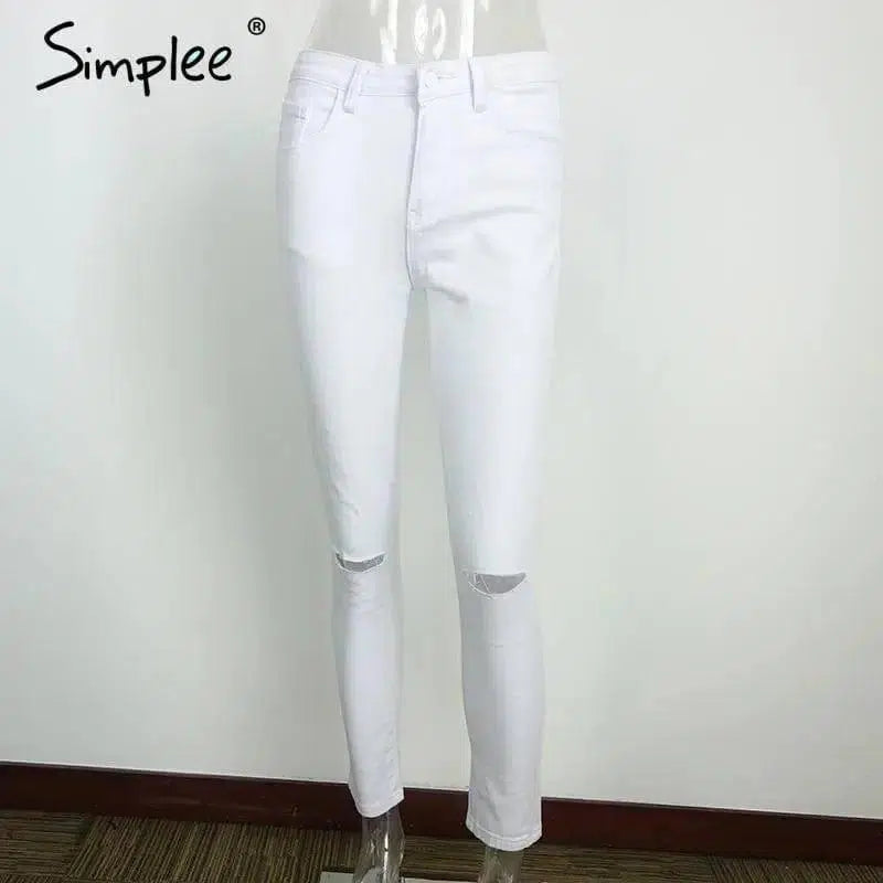 NIM HIGH WAIST PANTS CAPRIS FEMALE SKINNY BLACK CASUAL JEANS-White-2