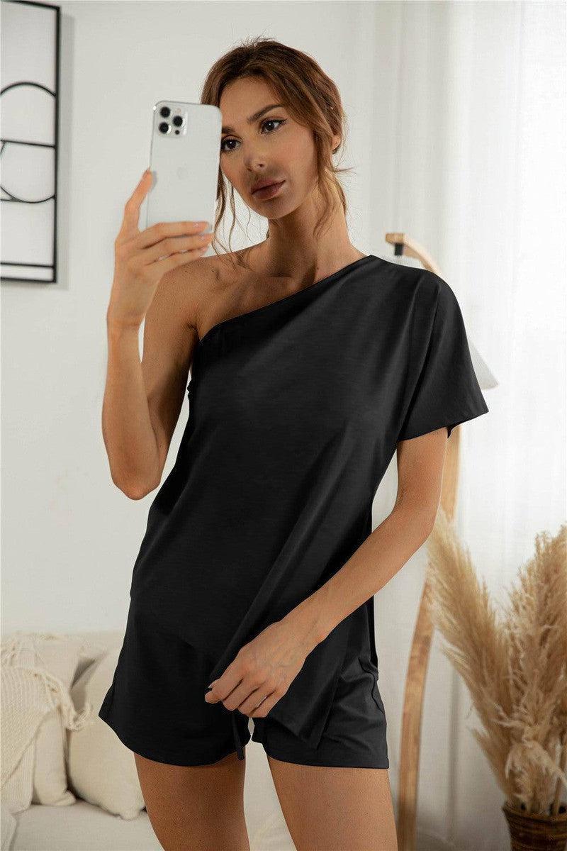 Off-the-shoulder Short Sleeve Sloping-shoulder Off The-shoulder Casual Two-piece Suit-Black-3