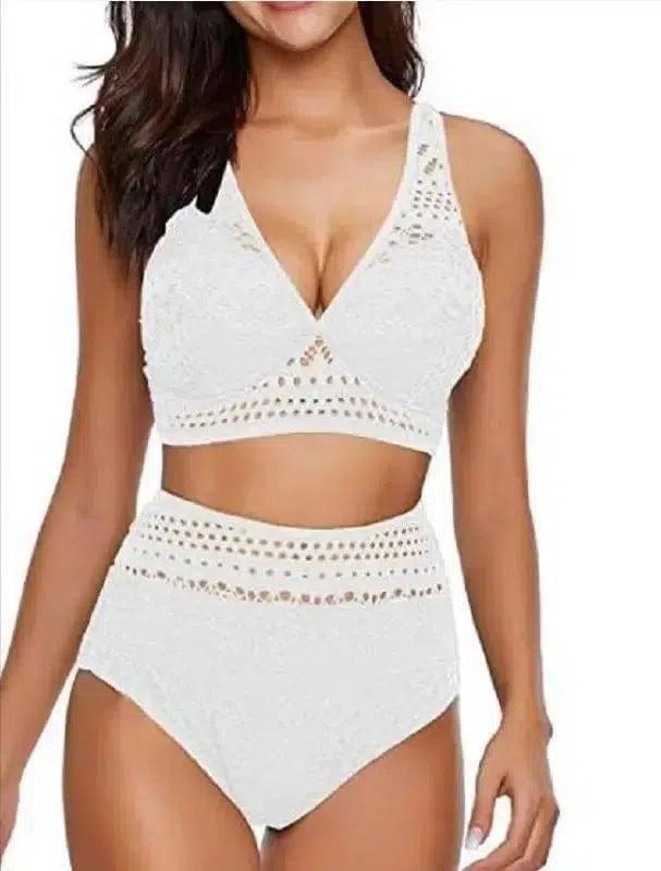 One-piece high waist cutout lace bikini-White-2