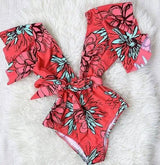 one-piece swimsuit women wear floral tights-Red-3