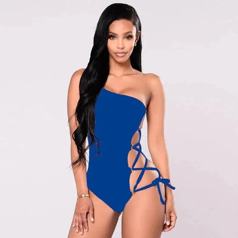 One-shoulder bikini swimsuit with hoop cross strap-Blue-3