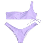 One-shoulder solid color split swimsuit bikini-Purple-2