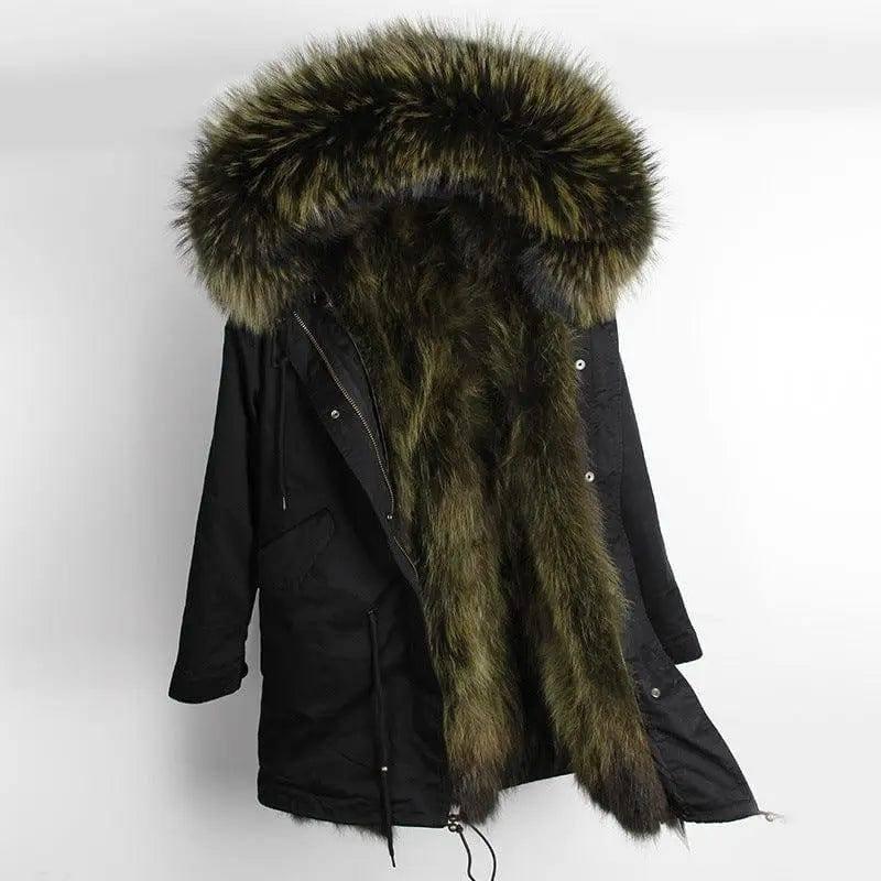 Oversized raccoon fur collar parka coat-Black green-4