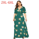 New 2021 summer plus size long dress for women large slim casual short sleeve flower print green V-neck dresses 3XL 4XL 5XL 6XL-1