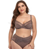 Plus Size Underwire Lace Trim Lingerie-Coffee-1