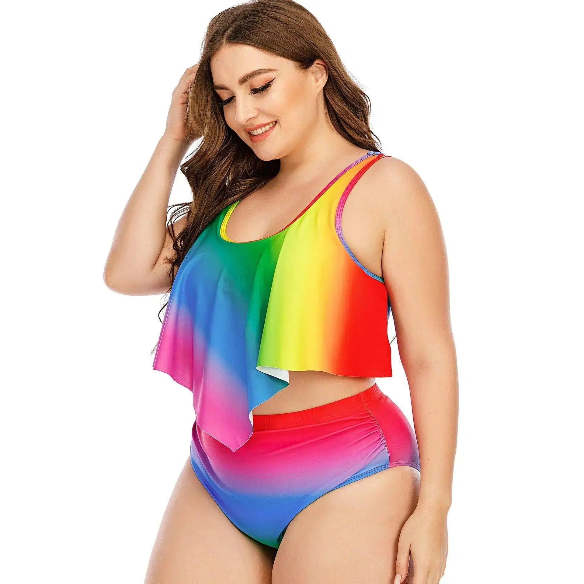 Plus Size Women's Split Rainbow Swimsuit-Colorful-2