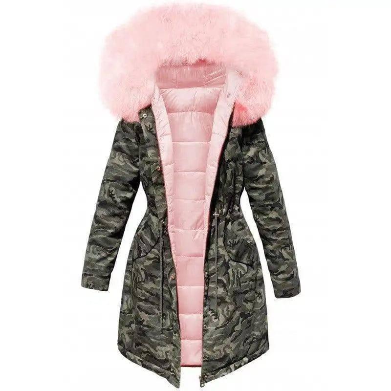 Plush Thick Coat Loose Big Fur Collar Mid-length Camouflage-2