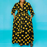 CM.YAYA Autumn Dot Print Button Up Plus Size XL-5XL Women Blousers Maxi Dress Vestidos Streetwear Long Dresses Vestidos-Yellow-4