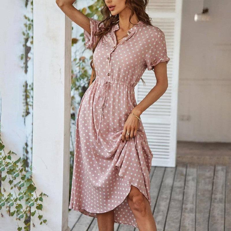 Polka Dot Print Shirt Collar Large Swing Dress-Pink-3