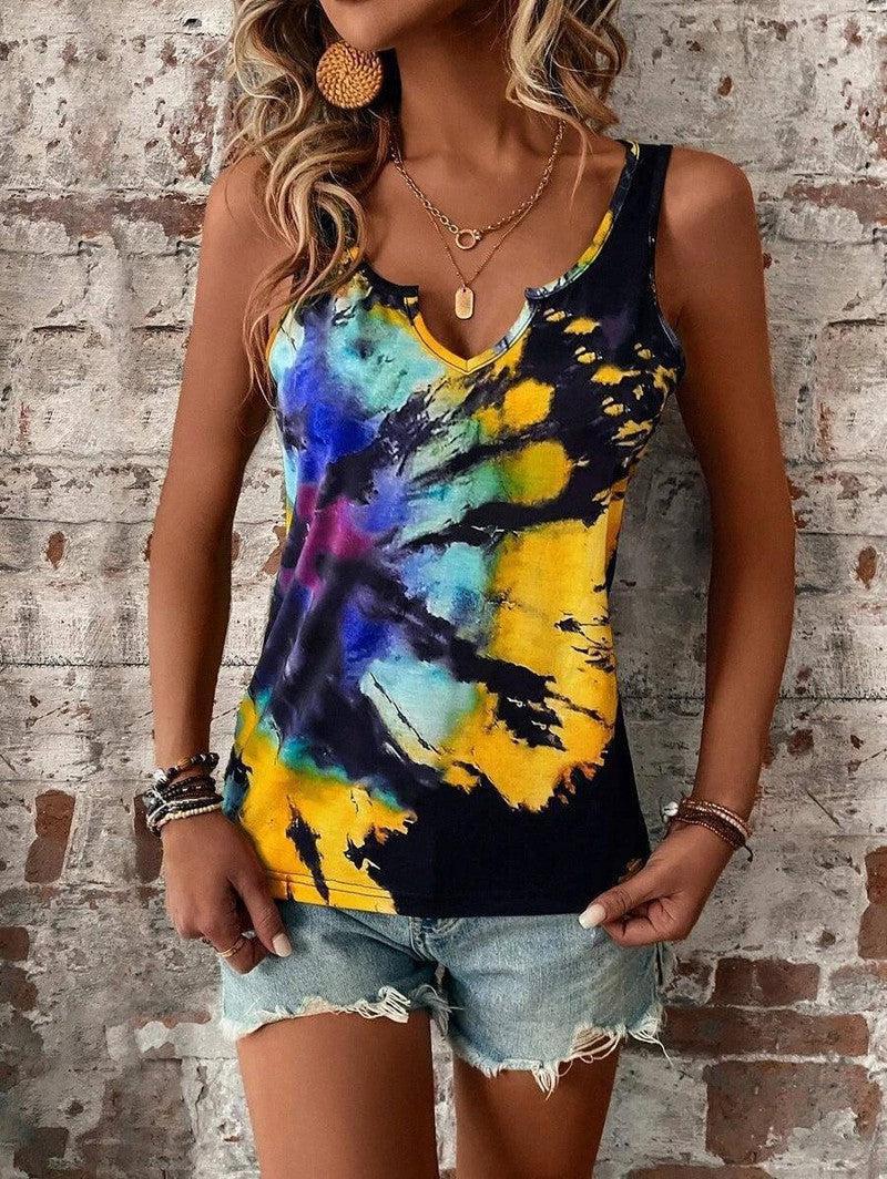 Printed Painted V-neck Open Vest Top-Yellow-8