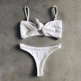 Pure Color Bikini Strap And Bow Split Swimsuit-White-1