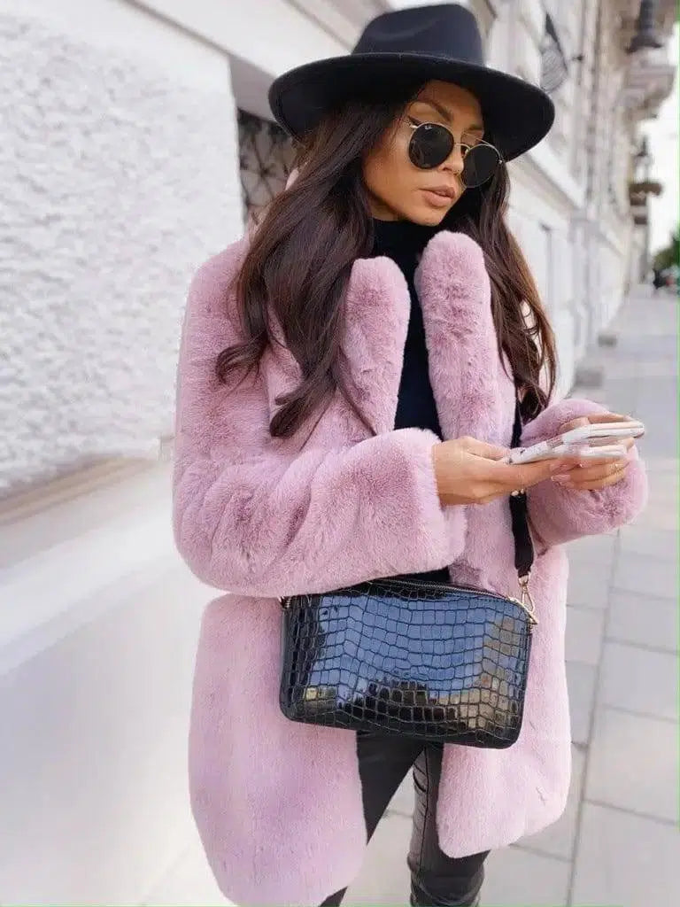 Pure Color Warm Slim Coat Women Fur-Pink-5