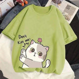 Cute Cat Graphic Casual Cotton Tee-Green-6