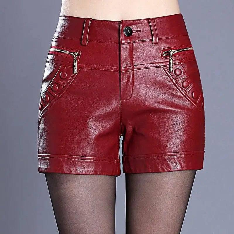 Retro high waist slim slim straight casual pu leather shorts-BH1907red-11