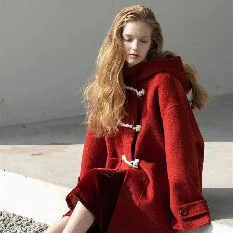 Retro Red Wool Double Faced Woolen Coat Women-3