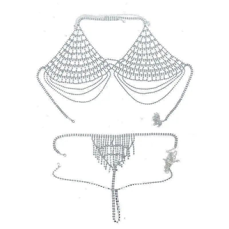 Rhinestone Sexy Lingerie Suit Body Chain-Silver-5