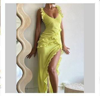 Ruffle Thigh High Split Dress Women Spaghetti Strap-Yellow-12