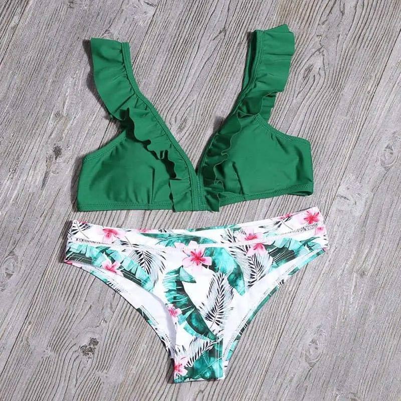 Ruffled split bikini-Green-2