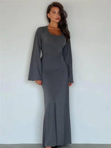 Elegant Maxi Dresses | Ribbed Long Sleeve-GRAY-5