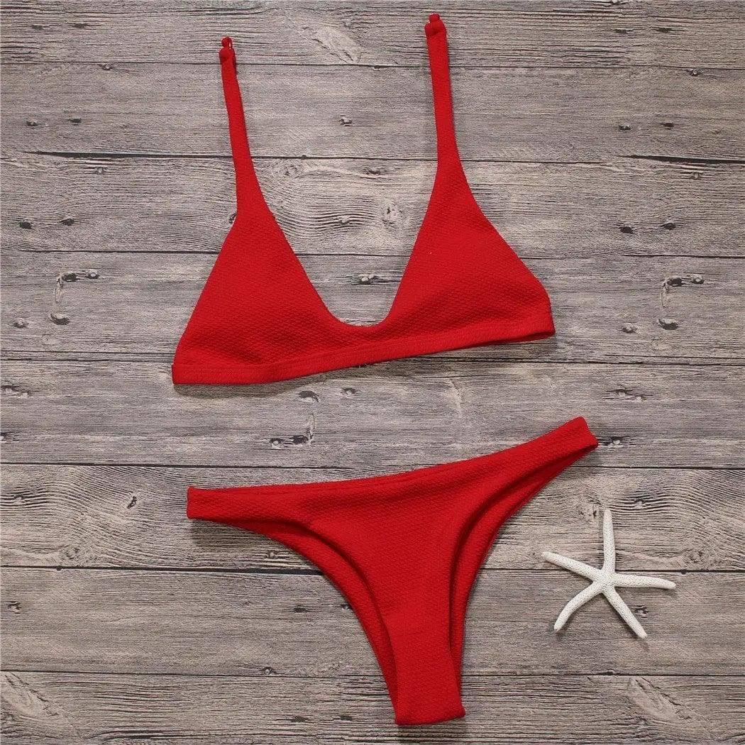 Sexy Bikinis Women Swimsuit Solid Bathing Swim Suit Bikini-Red-3