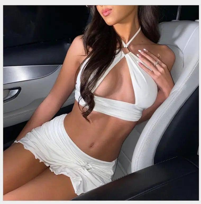 Crop Top Mini Skirts Two Piece Sets Women Halter Top-3