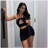 Crop Top Mini Skirts Two Piece Sets Women Halter Top-Black-4