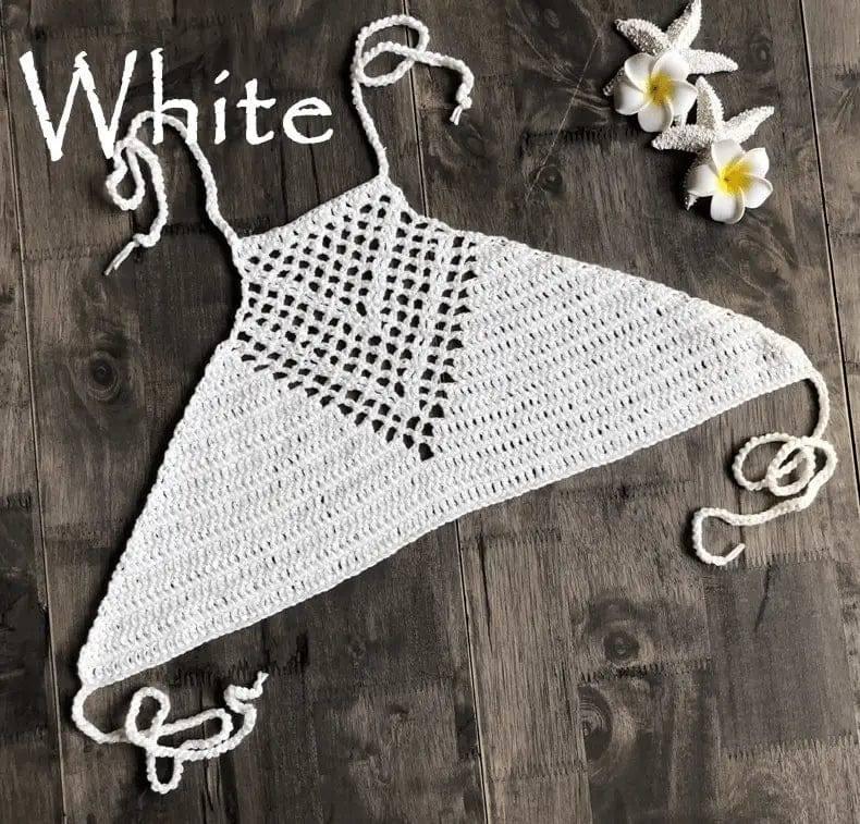 Sexy hand hook knitted halter neck wrapped chest bikini-White-2