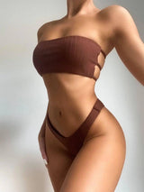 Sexy Lady In Swimsuit Solid Color Bikini Lace-up-Brown-1