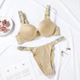 Sexy Letter Rhinestone Lingerie Briefs Set Push Up Bra Panty-Beige-5