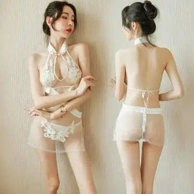 Lingerie Women's Net Yarn See-through Pajamas Cheongsam-White-2