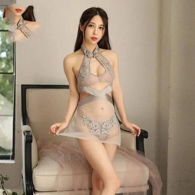 Sexy Lingerie Women's Net Yarn See-through Pajamas Cheongsam-Grey-5