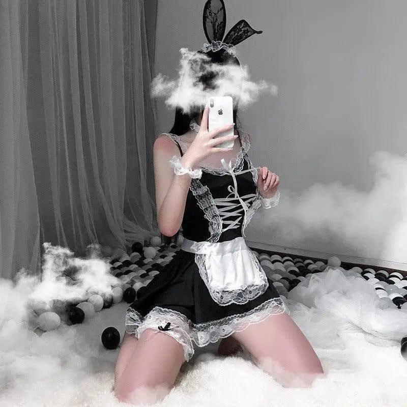 Sexy maid outfit with rabbit ears maid lingerie-Black-1