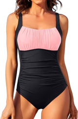 Square Neck One-piece Bikini Summer New Solid Color-Black Pink-9