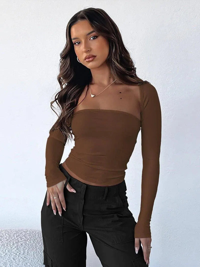 Tube Top Cinched Waist T-shirt Long Sleeve Tight Two-piece Blouse Women's Top-Coffee-10