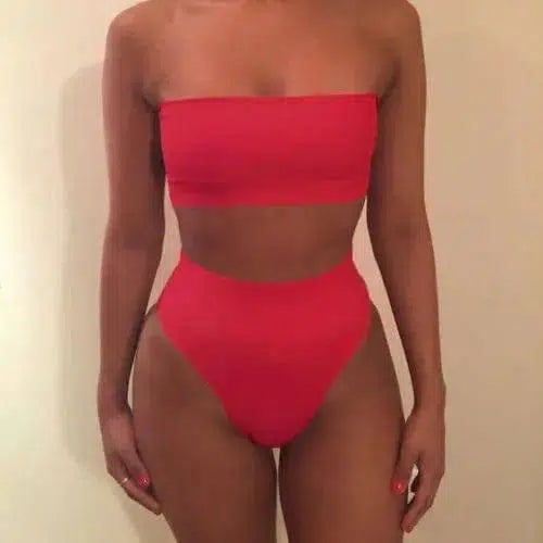 Two-Piece Breast Wrap Swimsuit Bikini Set Tube Top Set-Red-8