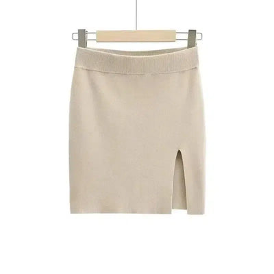 Short Skirt Fashion Side Slit Slim Knit-Apricot-2